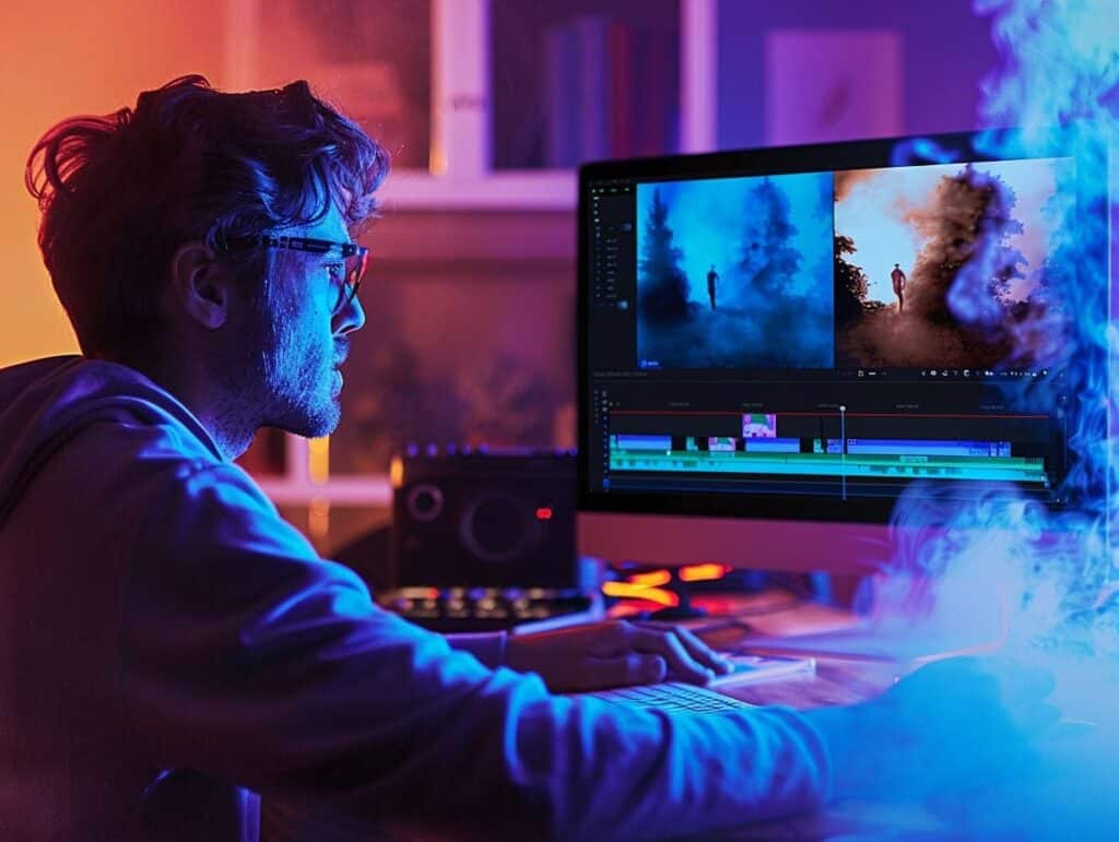 A professional video editor at Bee Media works meticulously on a project, demonstrating the company's commitment to high-quality video production and editing.